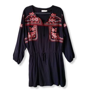 Velzera Black Embroidered Tunic Mini Dress Cover Up XL Boho Hippie Peasant NEW
